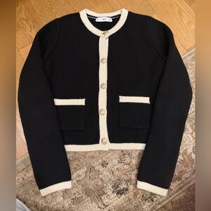 Mango Black Cardigan with Cream Trim and Gold Button